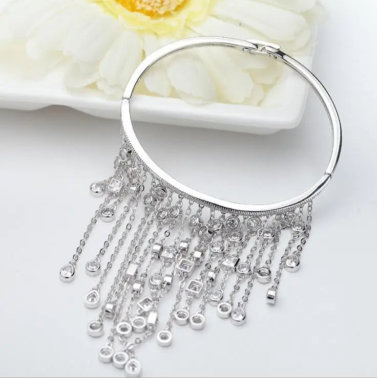 LunarLuxe CZ Charm Bracelet – Silver Chain Bangle with Crystal Glow