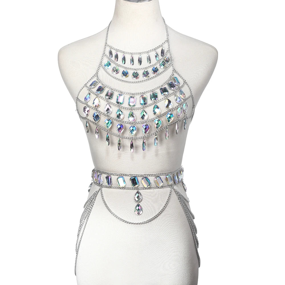 NeonDrip Rhinestone Body Chain – Festival Bra Harness & Waist Jewelry