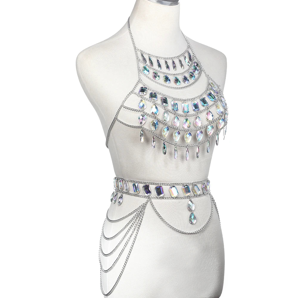 NeonDrip Rhinestone Body Chain – Festival Bra Harness & Waist Jewelry