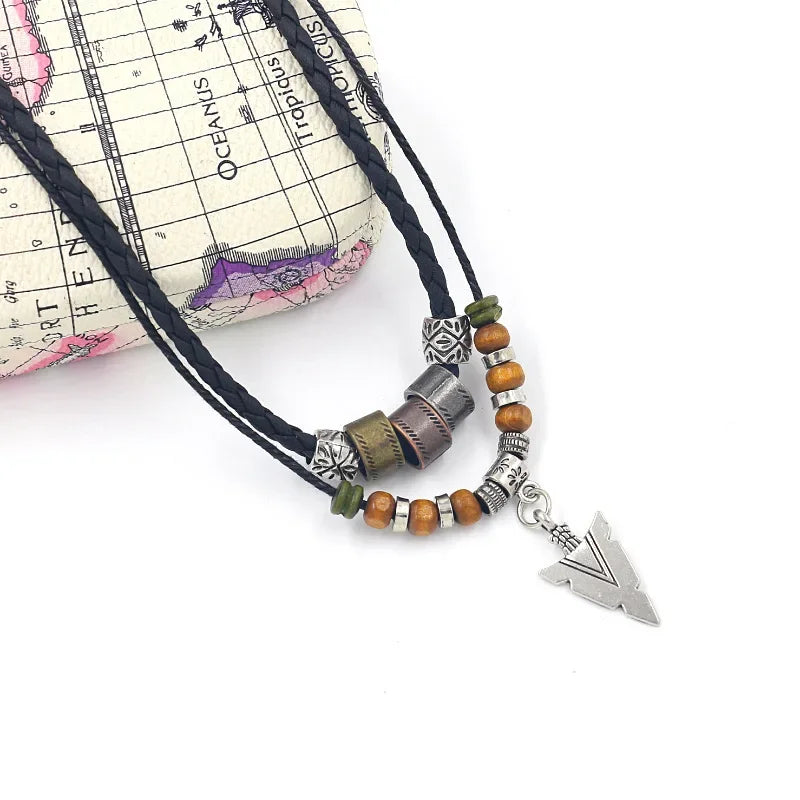 Arrow Trail – Men’s Artificial Leather Rope Beaded Necklace