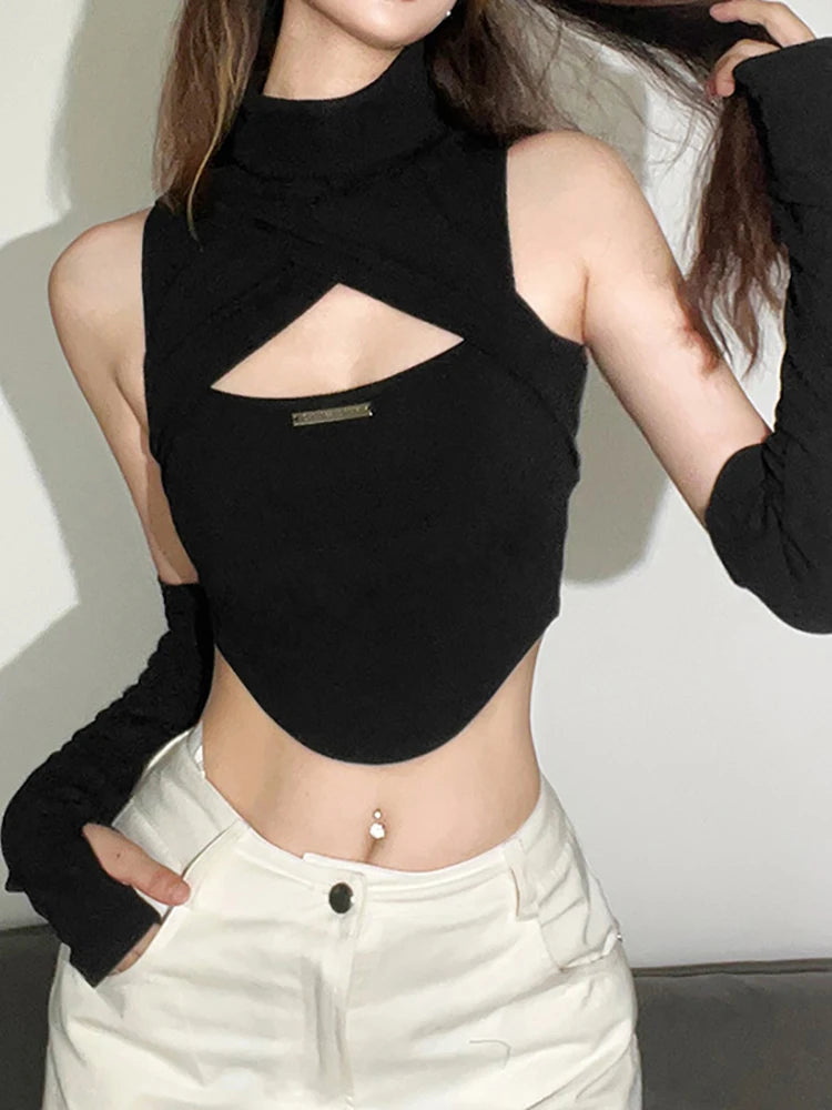 VoidSkin Cyber Top – Y2K Techwear Crop with Glove Sleeves