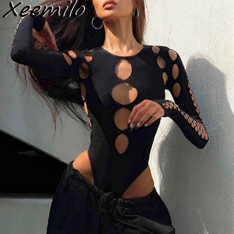 Synth Vortex – Hollow Dot Mesh Gothic Bodysuit