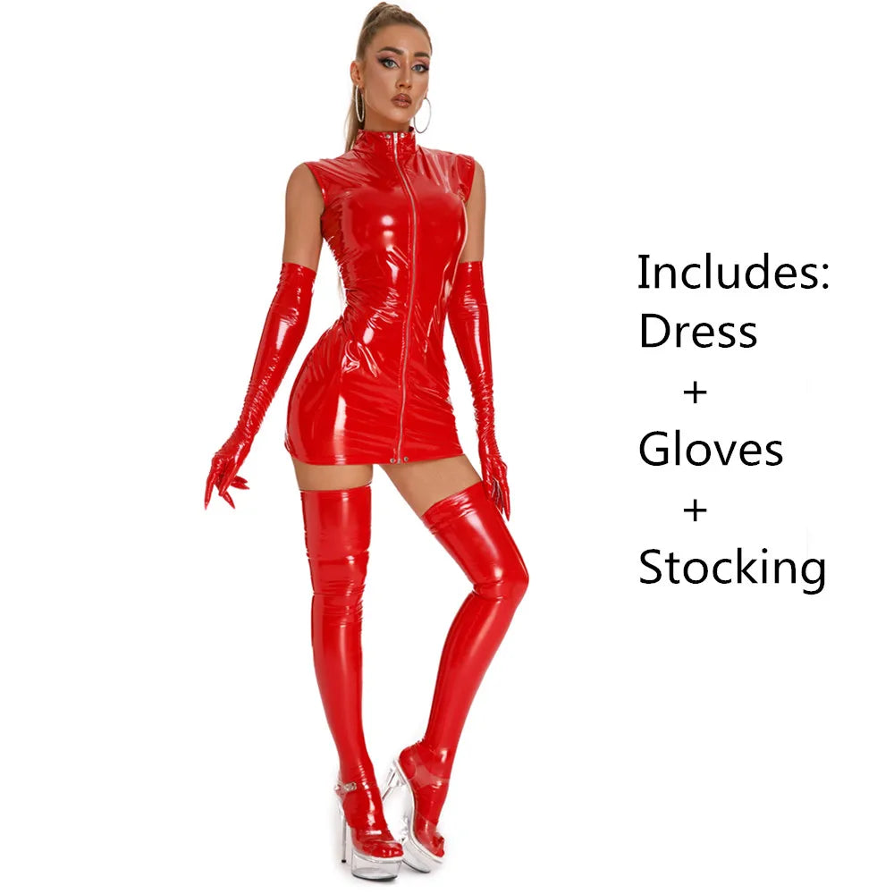 OBSIDIAN//VX Latex Punk Dress Set – Gothic Clubwear with Gloves & Stockings