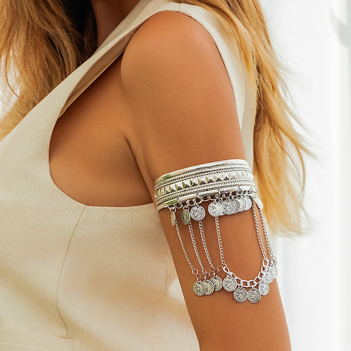 GoldenTribe Armlet – Festival Cuff with Coins & Leaf Tassels