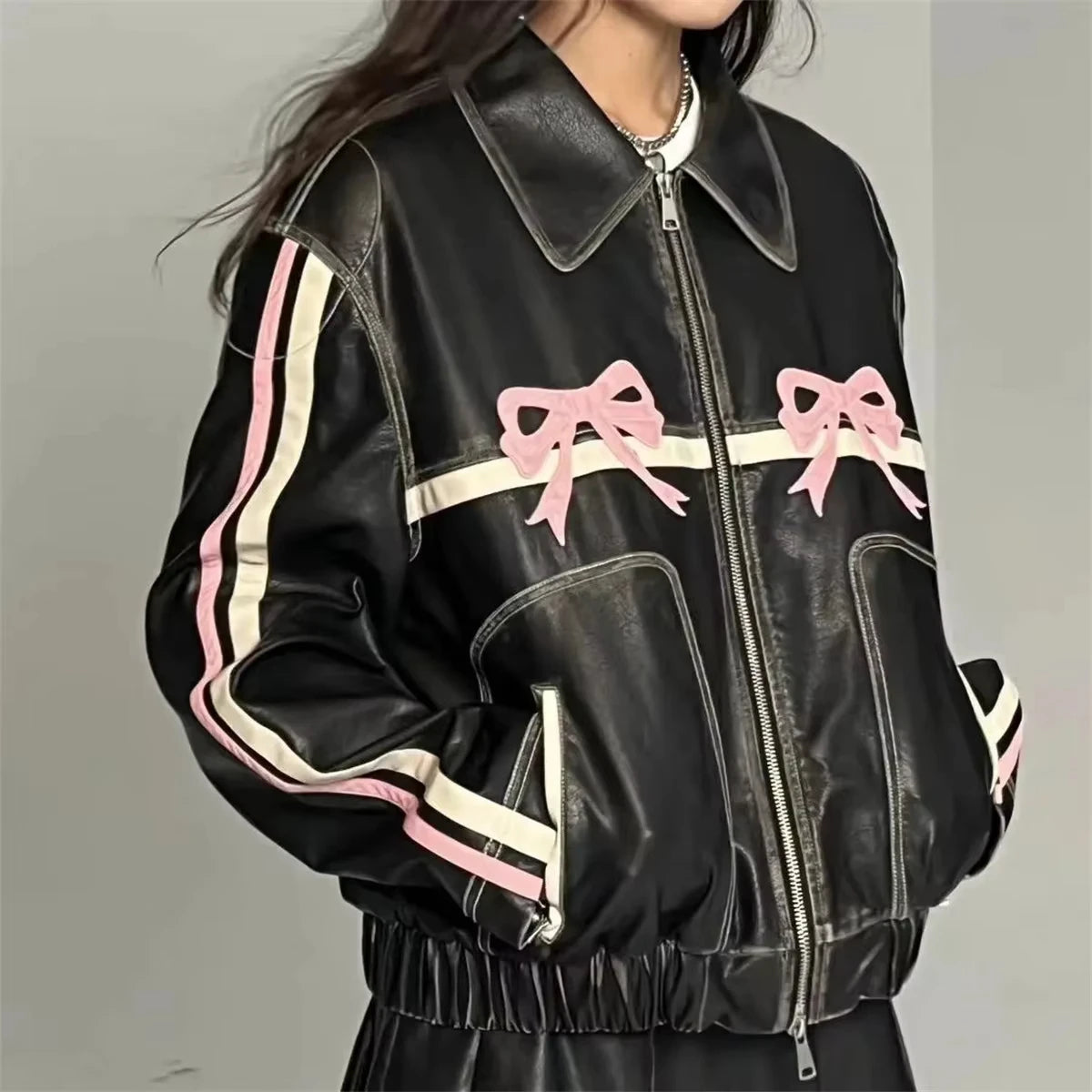 Cyberdelika Vintage PU Bow-Collar Jacket