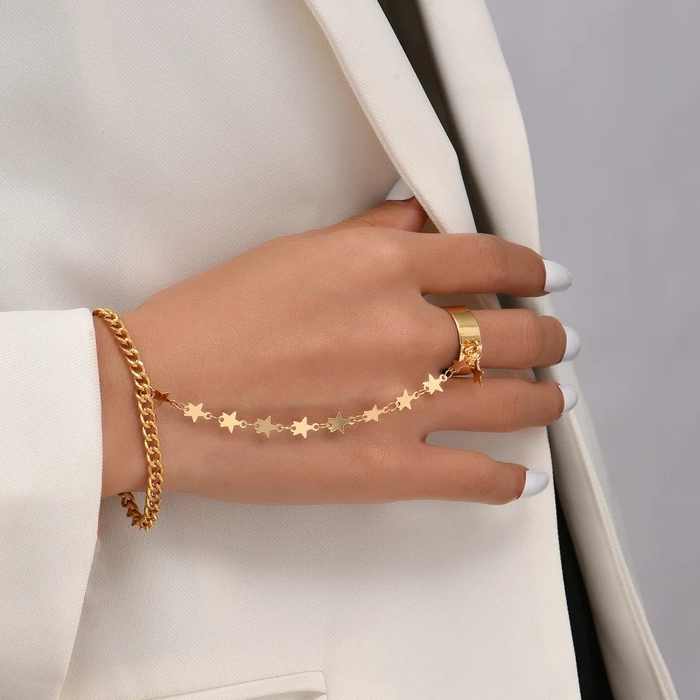 HeartLock Hand Harness – Gold Chain Ring Bracelet with Bold Elegance
