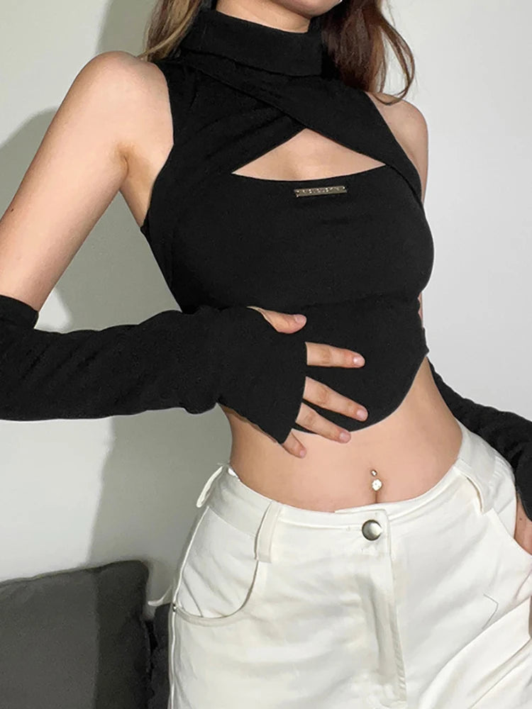 VoidSkin Cyber Top – Y2K Techwear Crop with Glove Sleeves