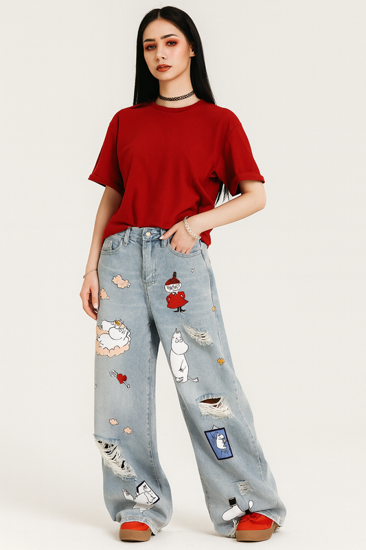 Pixel Damage – Harajuku Ripped Cartoon Denim