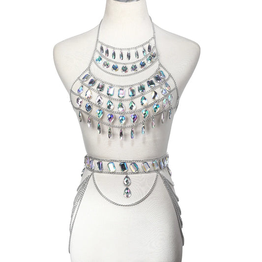 NeonDrip Rhinestone Body Chain – Festival Bra Harness & Waist Jewelry