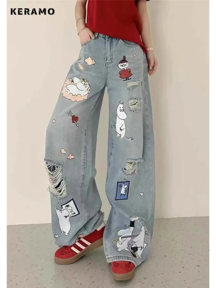 Pixel Damage – Harajuku Ripped Cartoon Denim