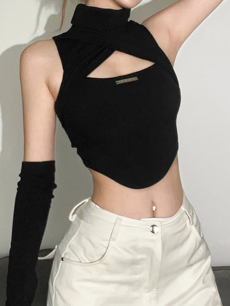VoidSkin Cyber Top – Y2K Techwear Crop with Glove Sleeves