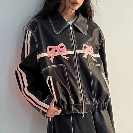 Cyberdelika Vintage PU Bow-Collar Jacket