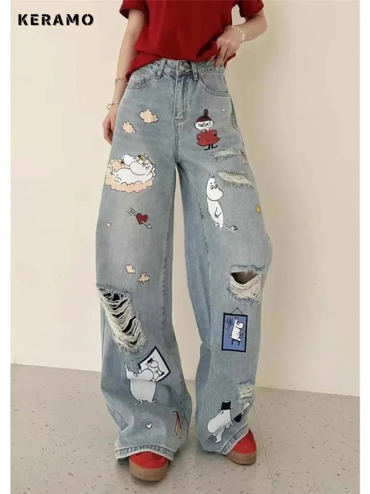 Pixel Damage – Harajuku Ripped Cartoon Denim