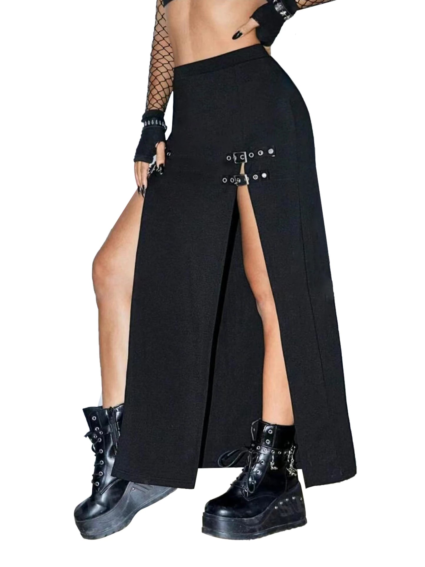 Women's Black Punk Skirts High Waist Buckle Slit Goth Club Rave Skirt