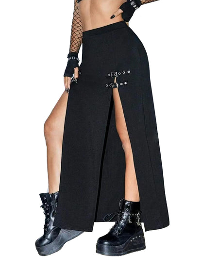 Women's Black Punk Skirts High Waist Buckle Slit Goth Club Rave Skirt