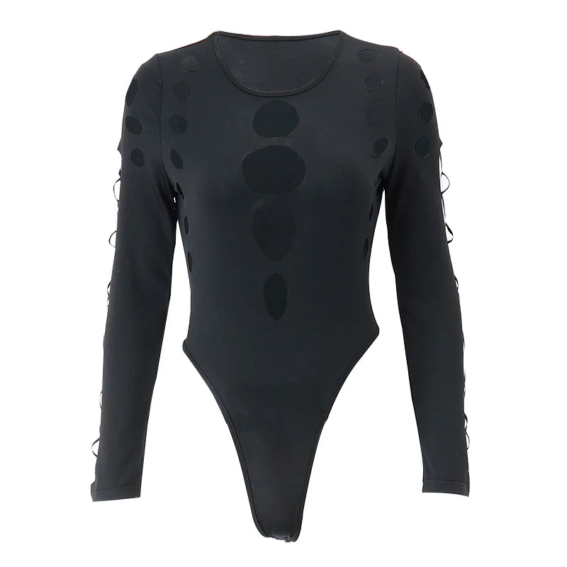 Synth Vortex – Hollow Dot Mesh Gothic Bodysuit