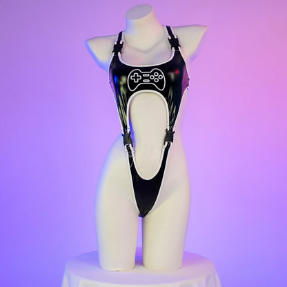 LUSTRA//NEON CONTROLLER Bodysuit – Cyberpunk Leather Cosplay Lingerie