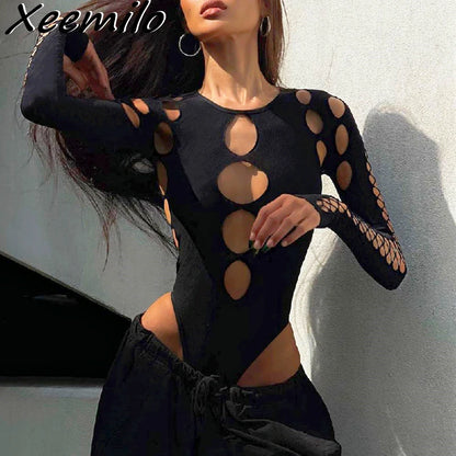 Synth Vortex – Hollow Dot Mesh Gothic Bodysuit