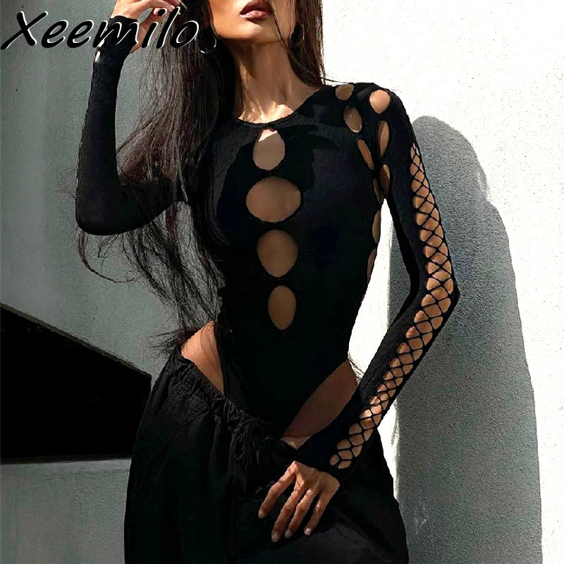 Synth Vortex – Hollow Dot Mesh Gothic Bodysuit
