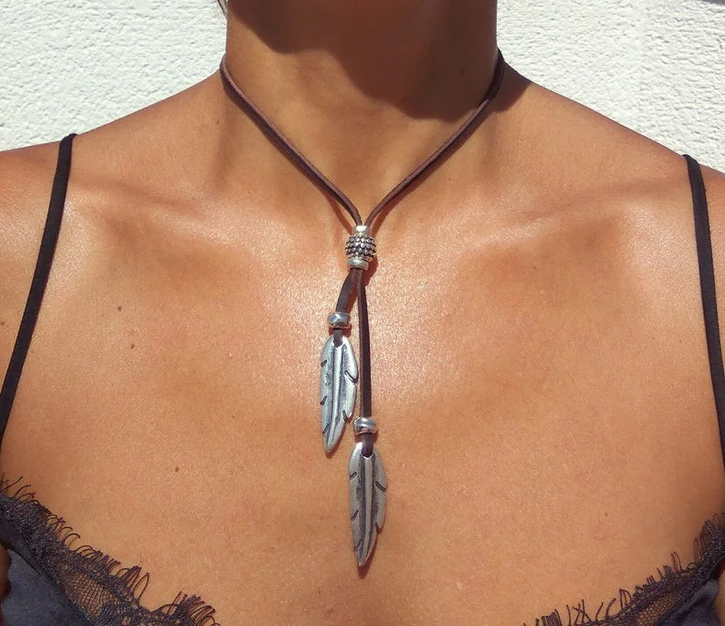 Whisper Feather – Boho Leather & Silver Necklace