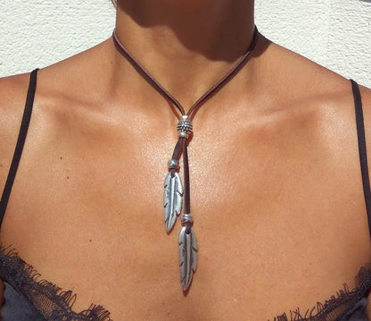Whisper Feather – Boho Leather & Silver Necklace