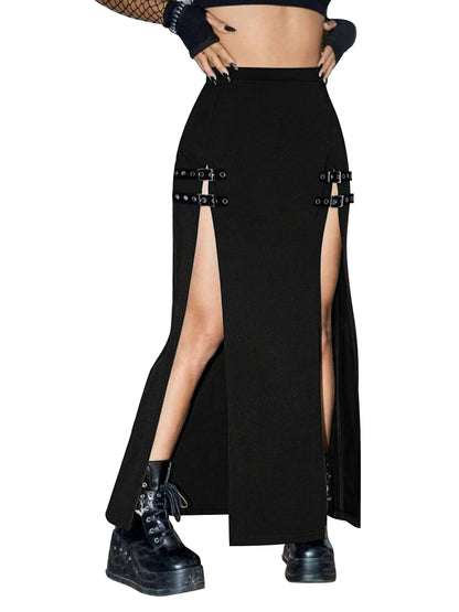 Women's Black Punk Skirts High Waist Buckle Slit Goth Club Rave Skirt