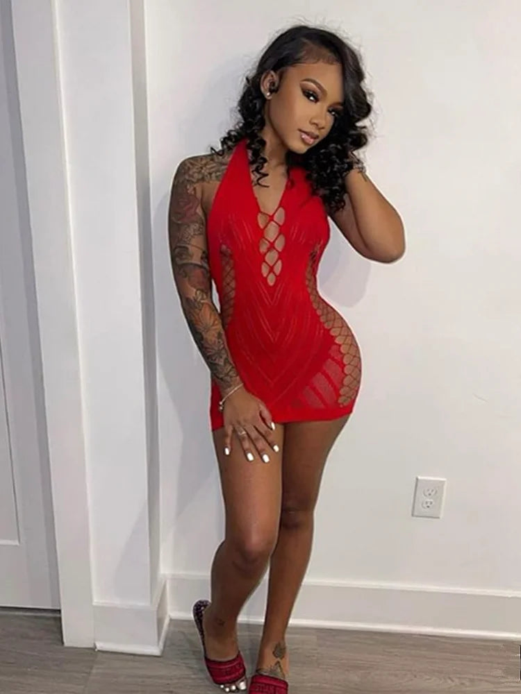 VELARIA//LACE NIGHT Mini Dress – Transparent Backless Halter Clubwear