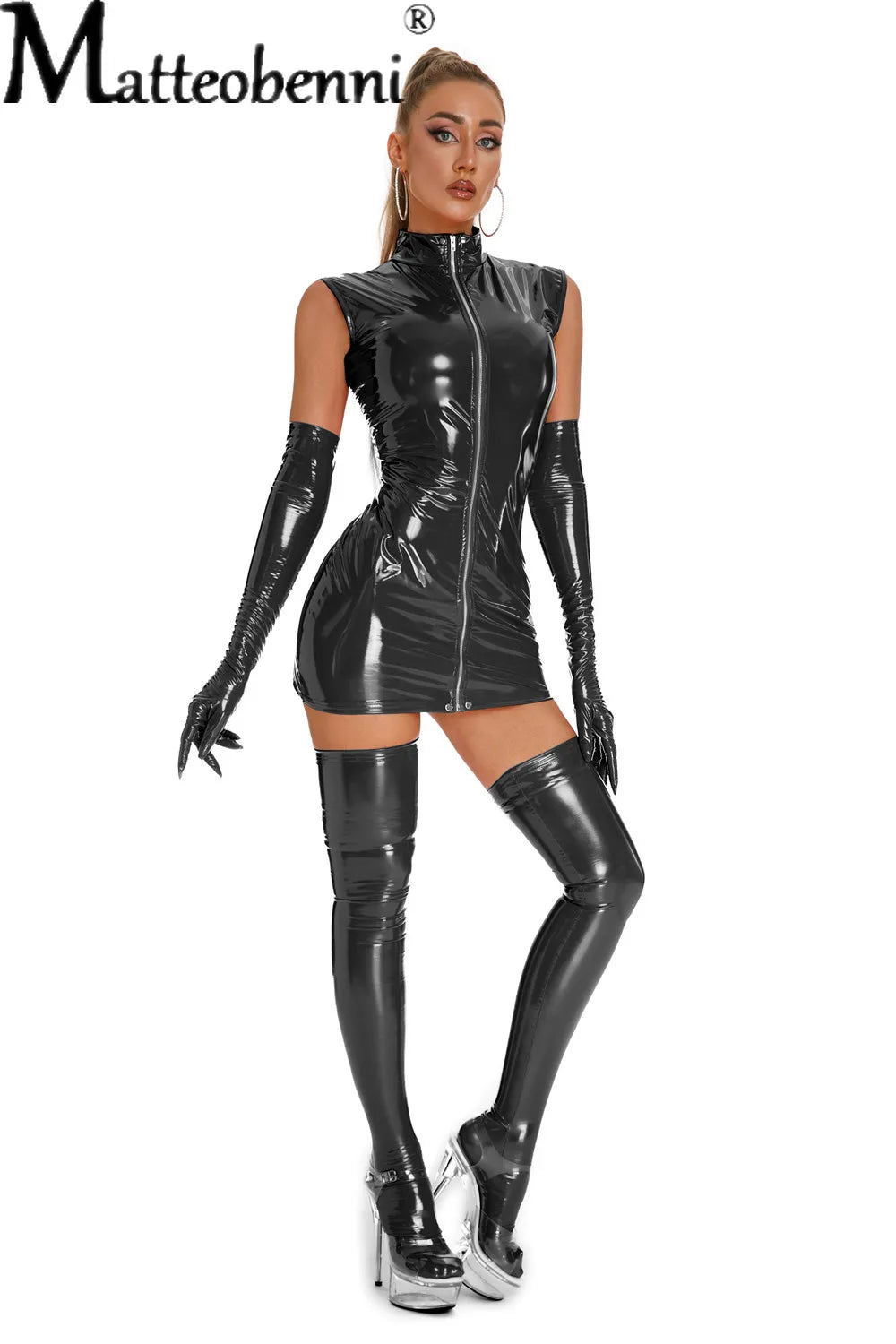 OBSIDIAN//VX Latex Punk Dress Set – Gothic Clubwear with Gloves & Stockings