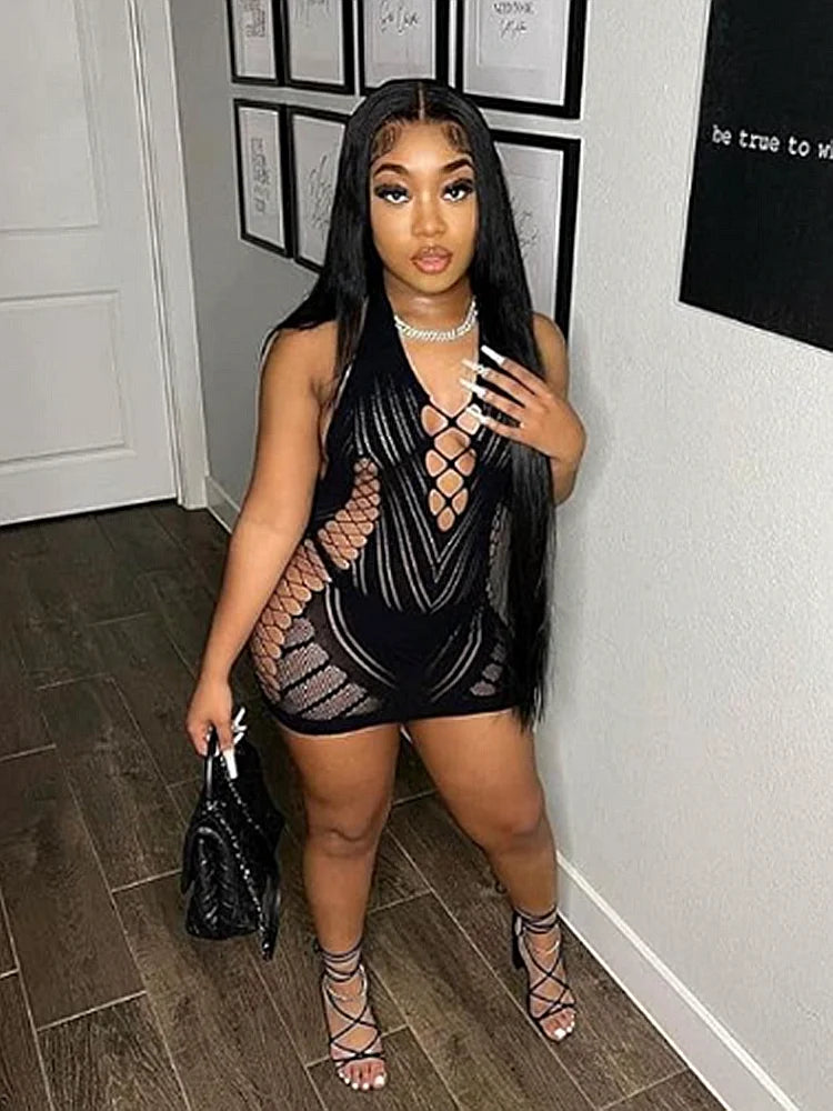 VELARIA//LACE NIGHT Mini Dress – Transparent Backless Halter Clubwear