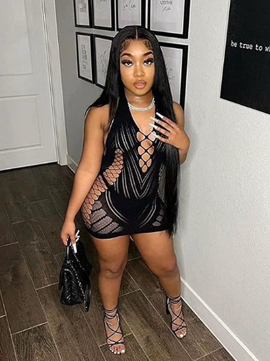 VELARIA//LACE NIGHT Mini Dress – Transparent Backless Halter Clubwear