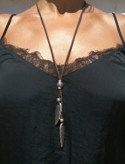 Whisper Feather – Boho Leather & Silver Necklace