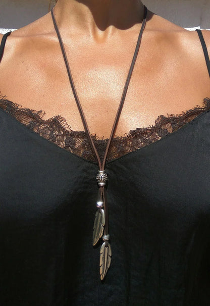 Whisper Feather – Boho Leather & Silver Necklace