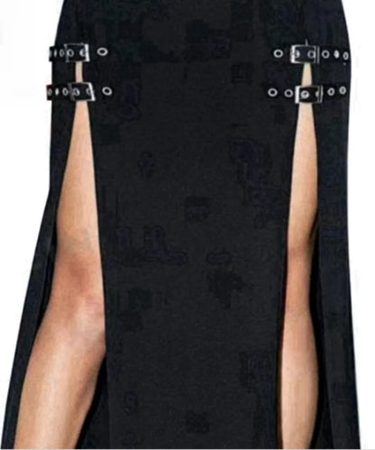 Women's Black Punk Skirts High Waist Buckle Slit Goth Club Rave Skirt