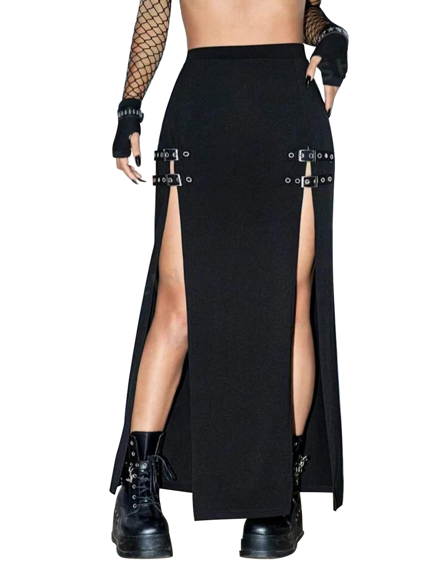 Women's Black Punk Skirts High Waist Buckle Slit Goth Club Rave Skirt
