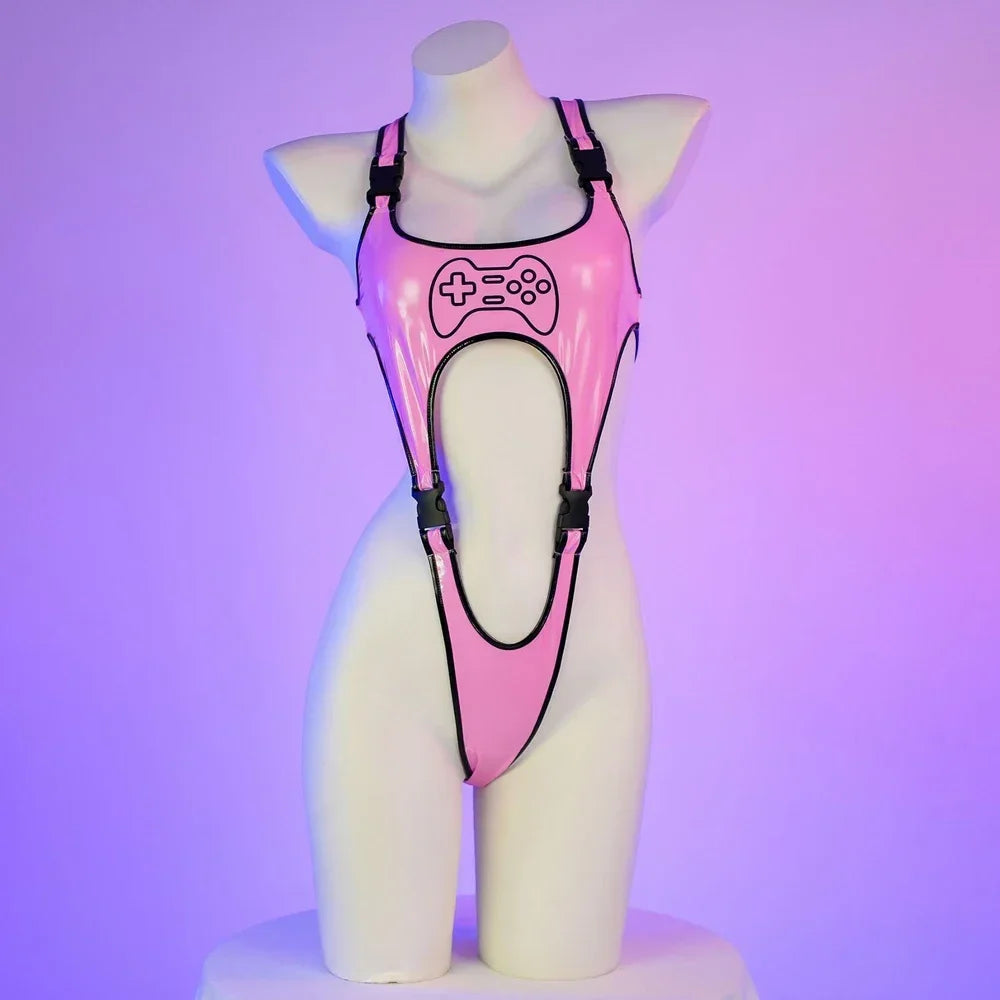 LUSTRA//NEON CONTROLLER Bodysuit – Cyberpunk Leather Cosplay Lingerie