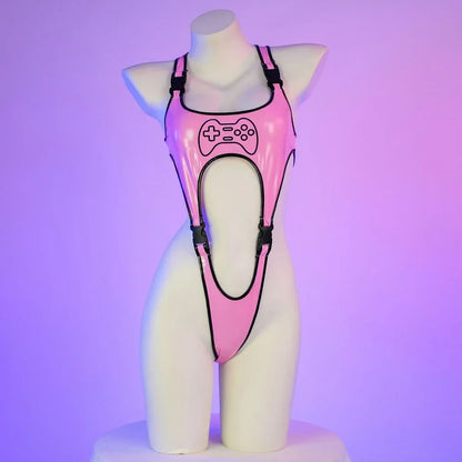LUSTRA//NEON CONTROLLER Bodysuit – Cyberpunk Leather Cosplay Lingerie