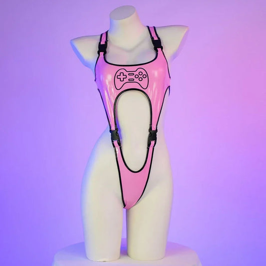 LUSTRA//NEON CONTROLLER Bodysuit – Cyberpunk Leather Cosplay Lingerie