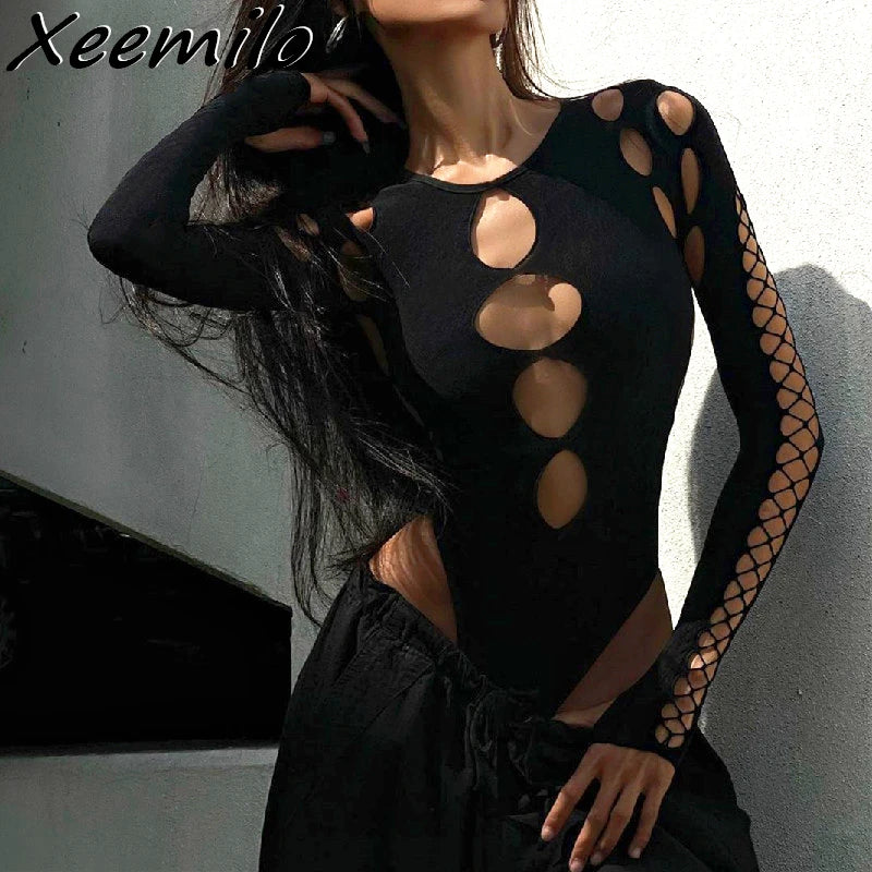 Synth Vortex – Hollow Dot Mesh Gothic Bodysuit