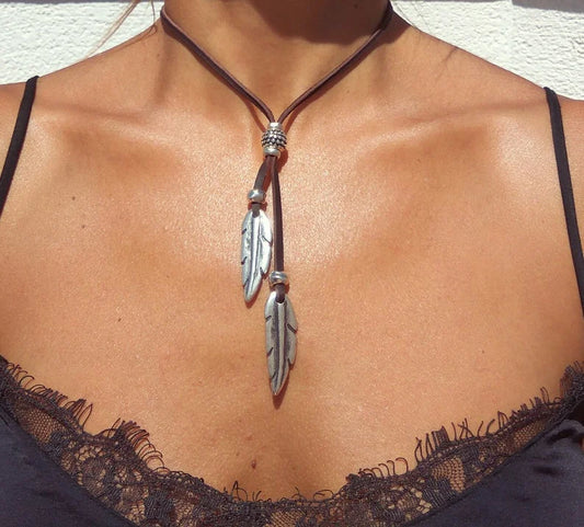 Whisper Feather – Boho Leather & Silver Necklace