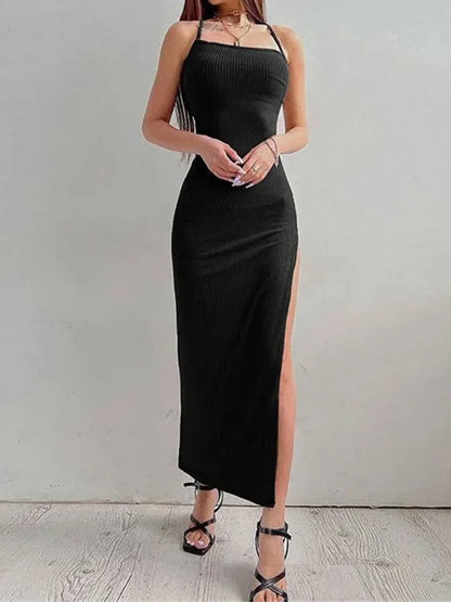 NoirSplit Halter Maxi Dress