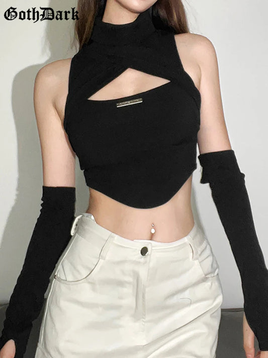 VoidSkin Cyber Top – Y2K Techwear Crop with Glove Sleeves