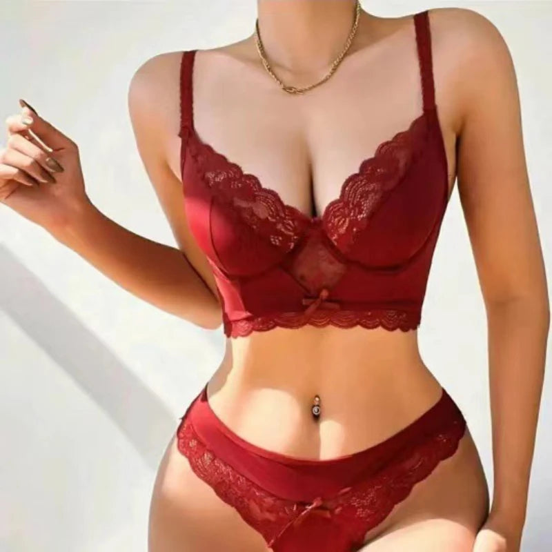 Women’s Lace Lingerie Set — Underwire Bra, Ruffle Lace, Brief