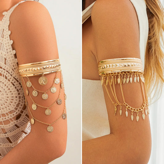 GoldenTribe Armlet – Festival Cuff with Coins & Leaf Tassels