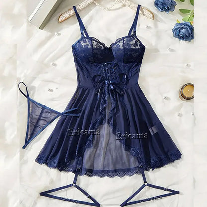 LUSTRA Sheer Lace Bra, Panty & Garter Set