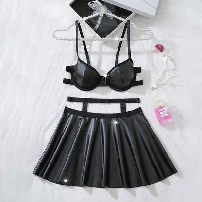 LUSTRA Vegan Leather Bra & Ruffle Skirt Set