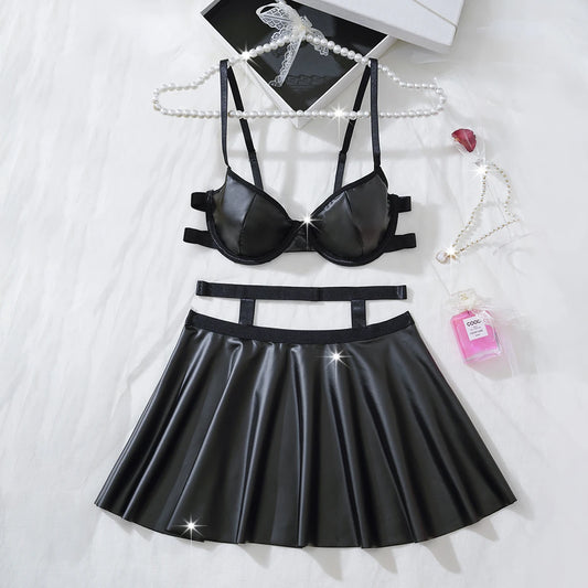 LUSTRA Vegan Leather Bra & Ruffle Skirt Set