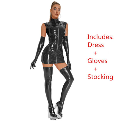 OBSIDIAN//VX Latex Punk Dress Set – Gothic Clubwear with Gloves & Stockings