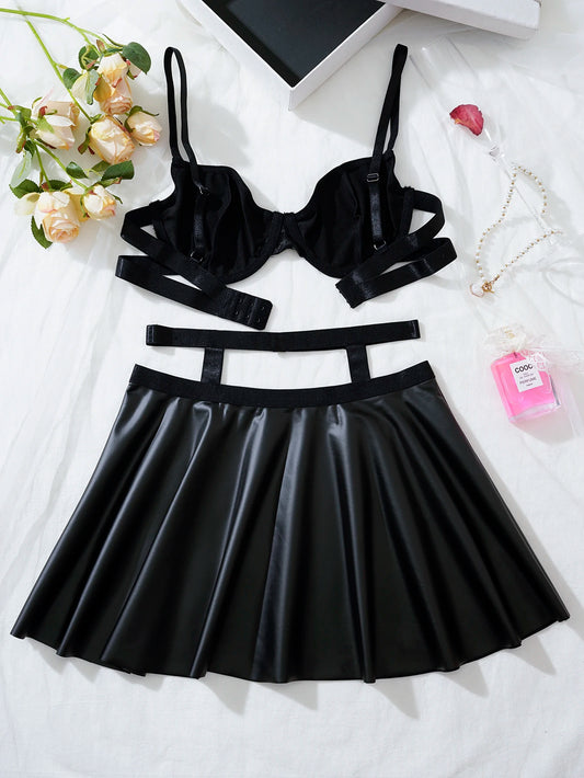 LUSTRA Vegan Leather Bra & Ruffle Skirt Set