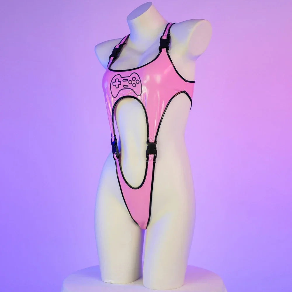 LUSTRA//NEON CONTROLLER Bodysuit – Cyberpunk Leather Cosplay Lingerie