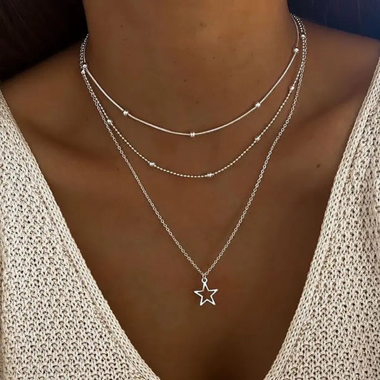 Celestial Drift – Multilayer Star & Moon Necklace Set